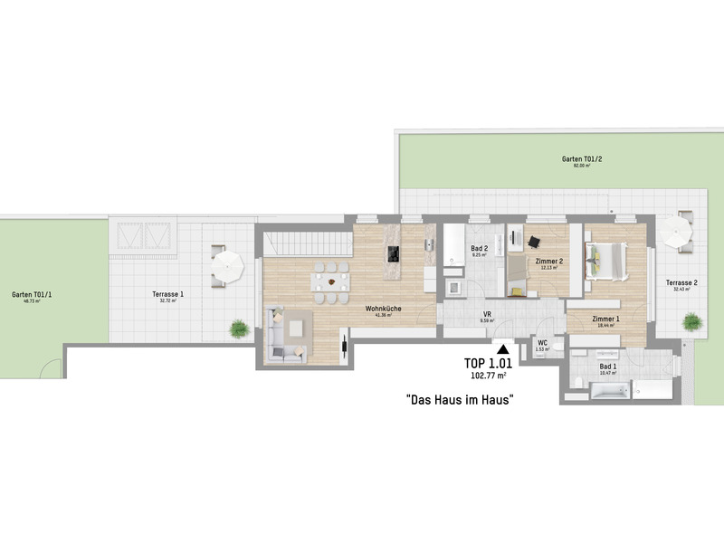 DAS HAUS IM HAUS BEI DER ALTEN DONAU  3 ZIMMER MIT 2 GRTEN UND 2 TERRASSEN /  / 1220 Wien / Bild 2