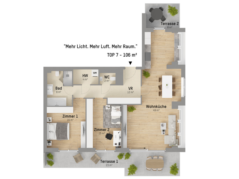 DACHGESCHOSSWOHNUNG  3 ZIMMER MIT HOCHWERTIGER EINBAUKCHE UND 2 TERRASSEN NAHE OBEREM MHLWASSER   /  / 1220 Wien / Bild 3