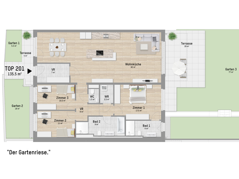 DREAM GARDEN APARTMENT WITH EXCELLENT ROOM LAYOUT - SPACIOUS LIVING KITCHEN AND 3 BEDROOMS /  / 1220 Wien / Bild 8